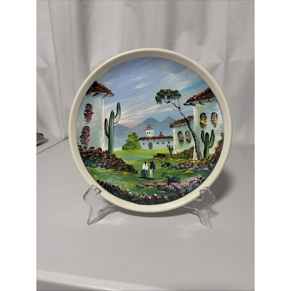 Vintage Signed Puerto Vallarta Folk Art Raised Paint Ceramic Plate Mexico 1993